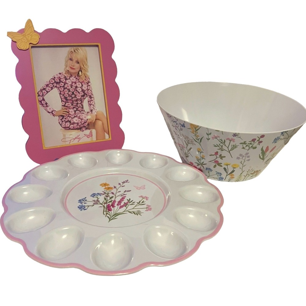 Dolly Parton Floral Melamine 10in Bowl, Deviled Egg Tray, and 5x7 Picture Frame